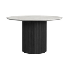 Sylvie Round Dining Table with White Faux Marble Top in Black with Grain