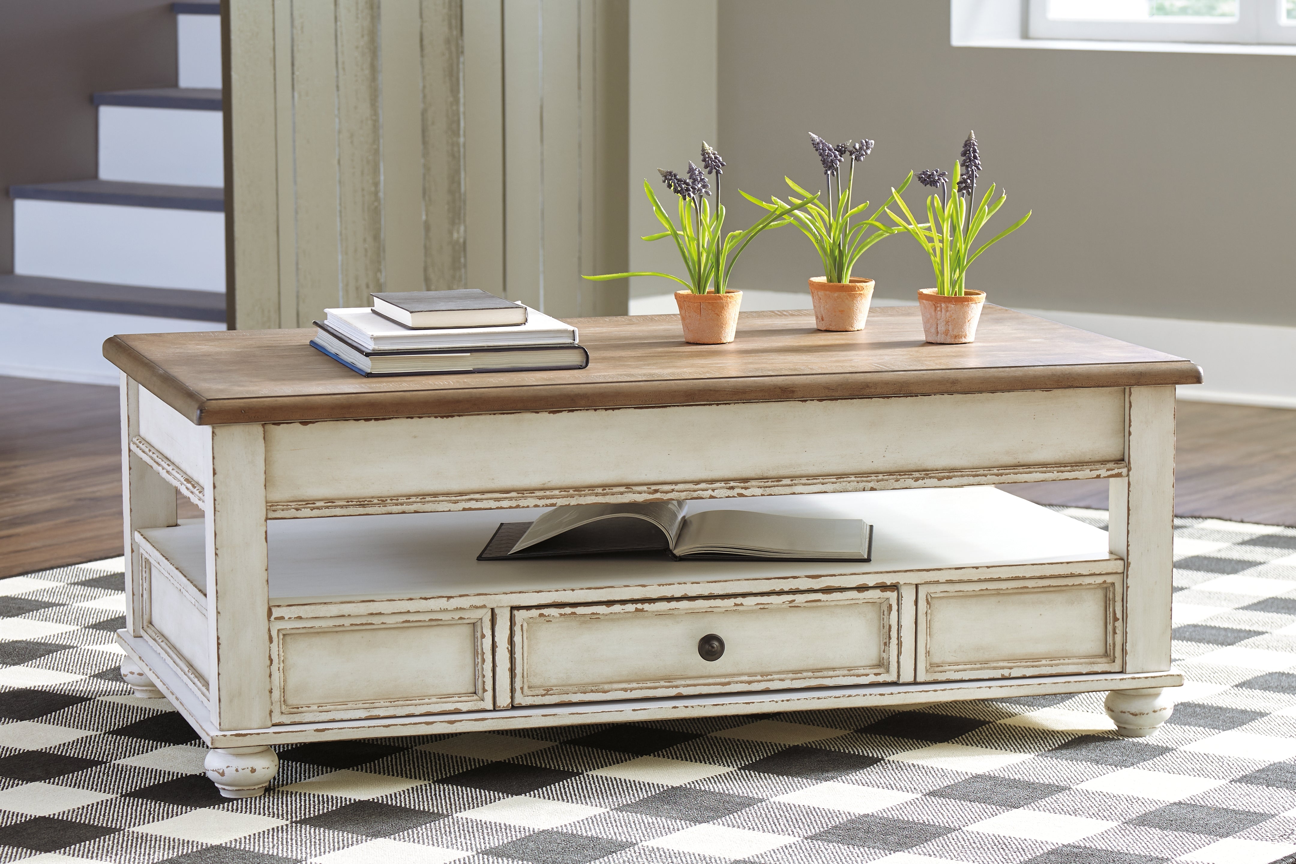 Hoover Furniture Outlet - Ashley Furniture - Realyn Coffee Table with Lift Top - Lift Top Cocktail Table / White/Brown - T523-9