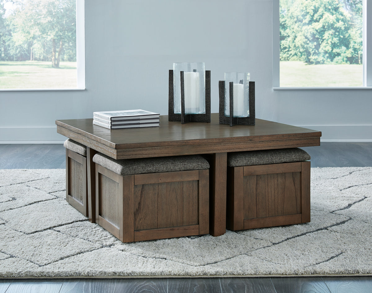 Hoover Furniture Outlet - Ashley Furniture - Boardernest Coffee Table with 4 Stools - Cocktail TBL w/4 Stools (5/CN) / Brown - T738-20