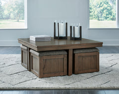 Hoover Furniture Outlet - Ashley Furniture - Boardernest Coffee Table with 4 Stools - Cocktail TBL w/4 Stools (5/CN) / Brown - T738-20