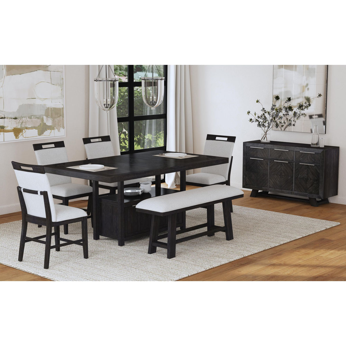 Transcend Counter Bench with Light Grey Fabric in Charcoal – SKU D-12980-3-CBN | Elements