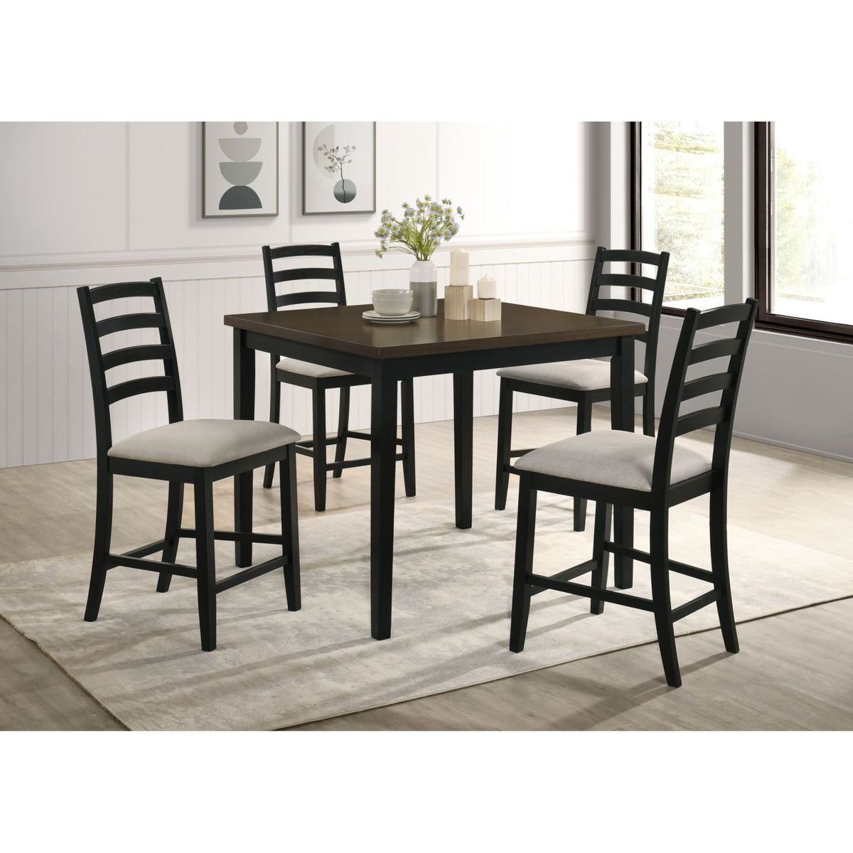 Tulane 5pc Counter Table & 4 Counter Chairs with Beige Fabric in Oak & Black – SKU D-14460-8-5CS | Elements