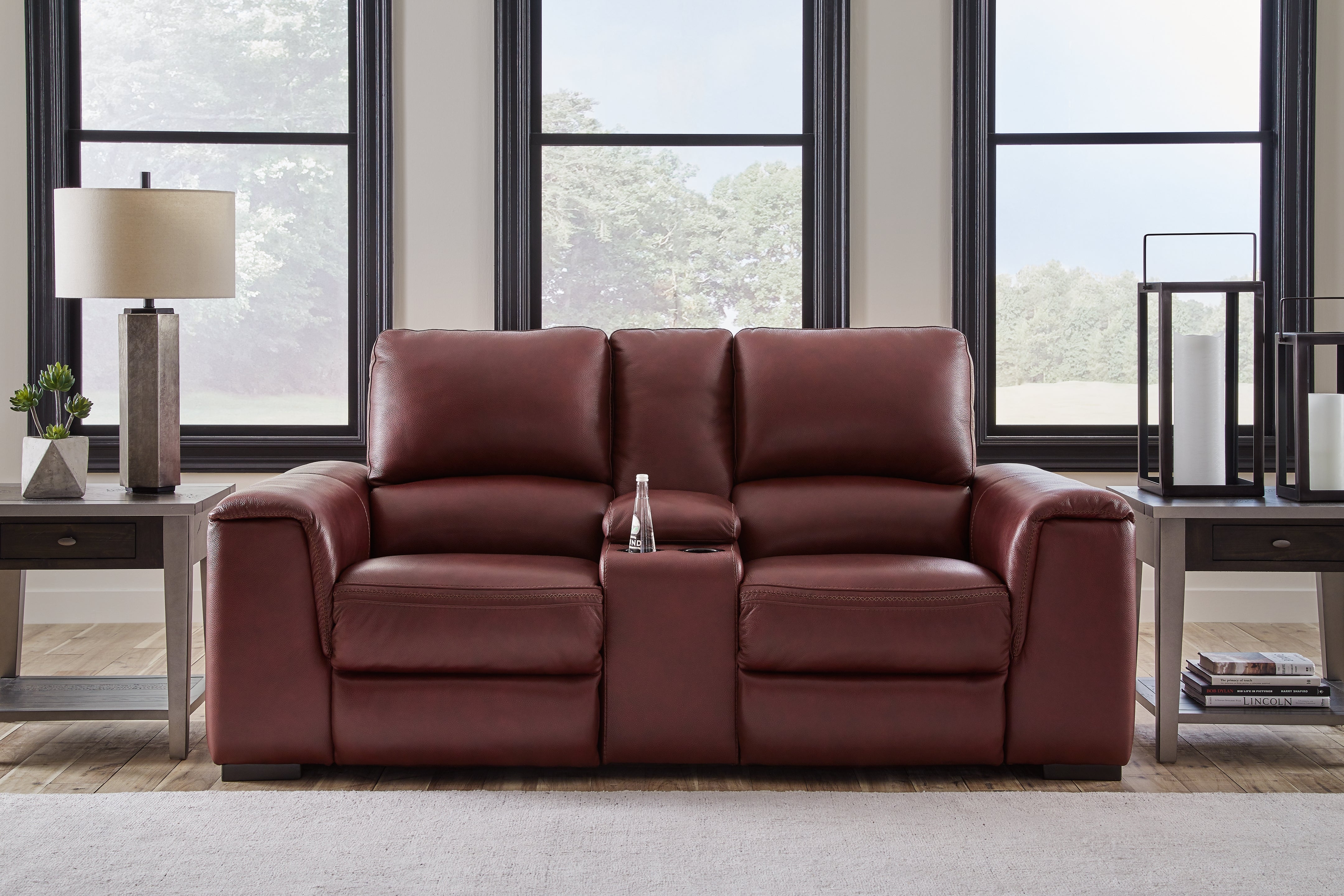 Hoover Furniture Outlet - Ashley Furniture - Alessandro Power Reclining Loveseat with Console - PWR REC Loveseat/CON/ADJ HDRST / Garnet - U2550118