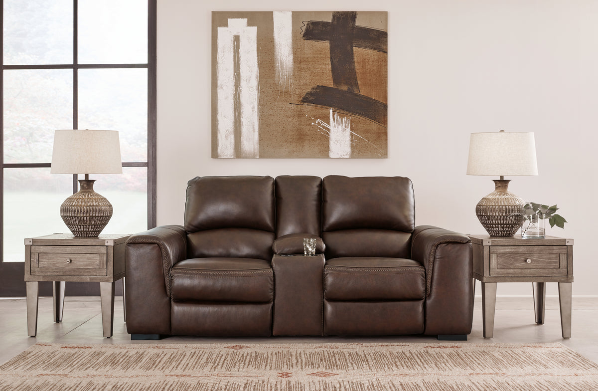 Hoover Furniture Outlet - Ashley Furniture - Alessandro Power Reclining Loveseat with Console - PWR REC Loveseat/CON/ADJ HDRST / Walnut - U2550218