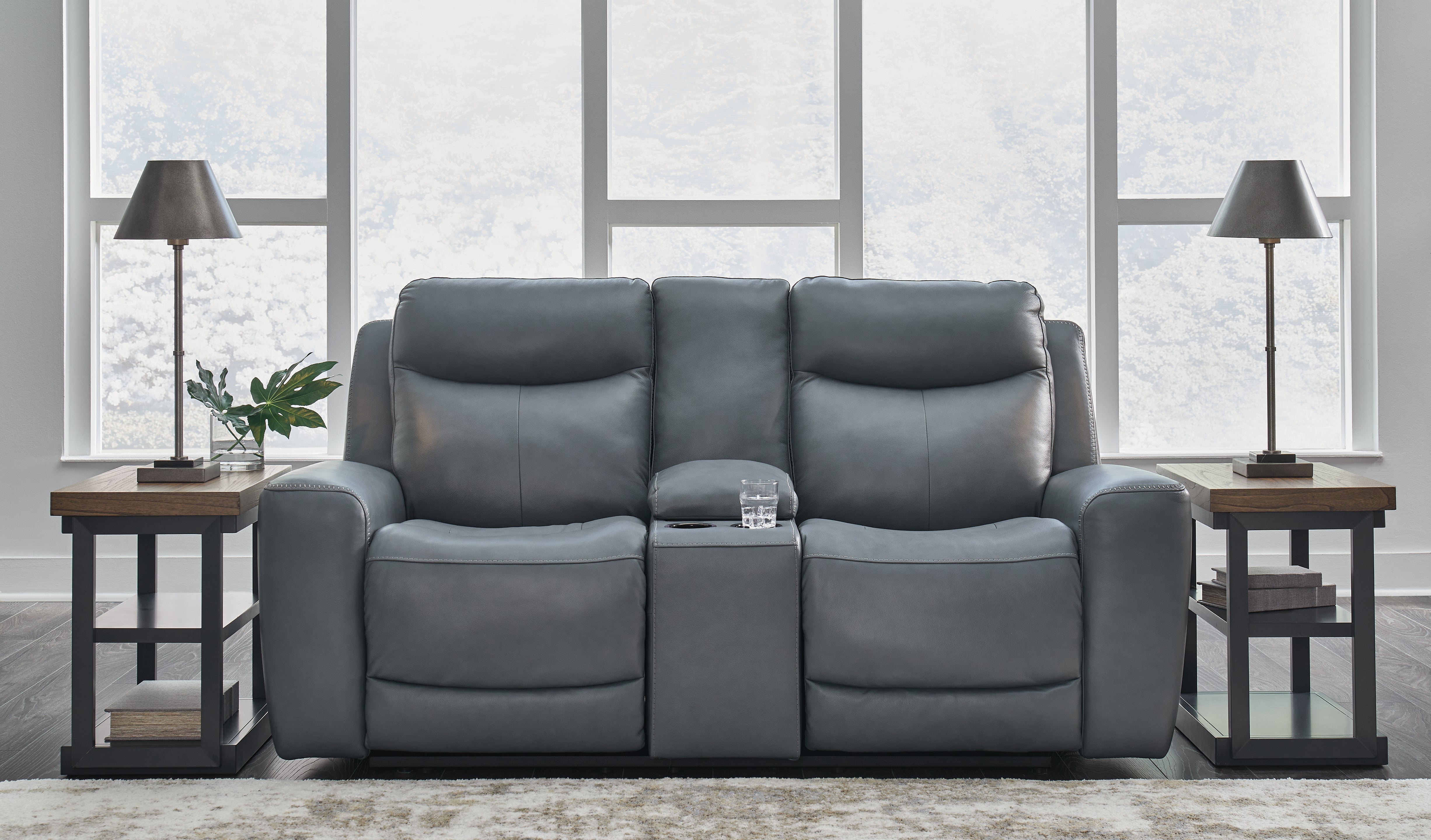 Hoover Furniture Outlet - Ashley Furniture - Mindanao Power Reclining Loveseat with Console - PWR REC Loveseat/CON/ADJ HDRST / Steel - U5950418