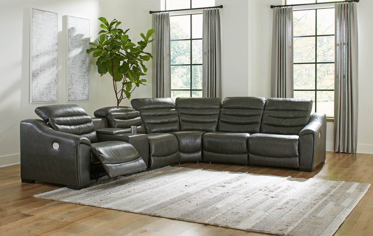 Hoover Furniture Outlet - Ashley Furniture - Center Line 6-Piece Power Reclining Sectional - 6-Piece Power Reclining Sectional / Dark Gray - U63404S4