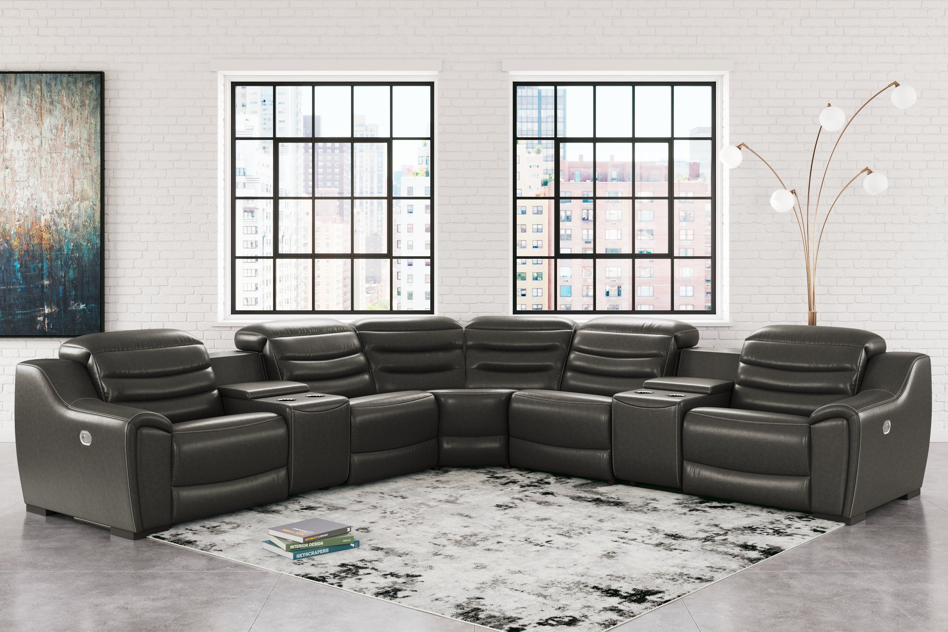 Hoover Furniture Outlet - Ashley Furniture - Center Line 7-Piece Power Reclining Sectional - 7-Piece Power Reclining Sectional / Dark Gray - U63404S7