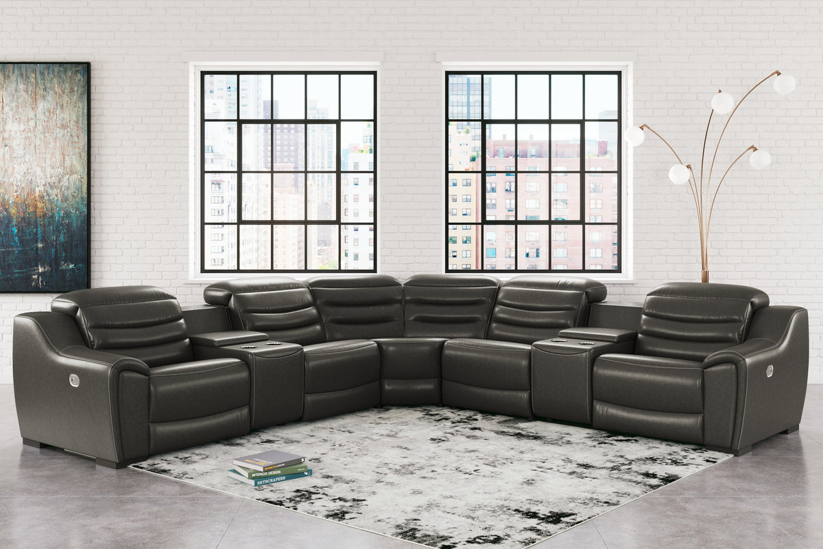 Hoover Furniture Outlet - Ashley Furniture - Center Line 7-Piece Power Reclining Sectional - 7-Piece Power Reclining Sectional / Dark Gray - U63404S7