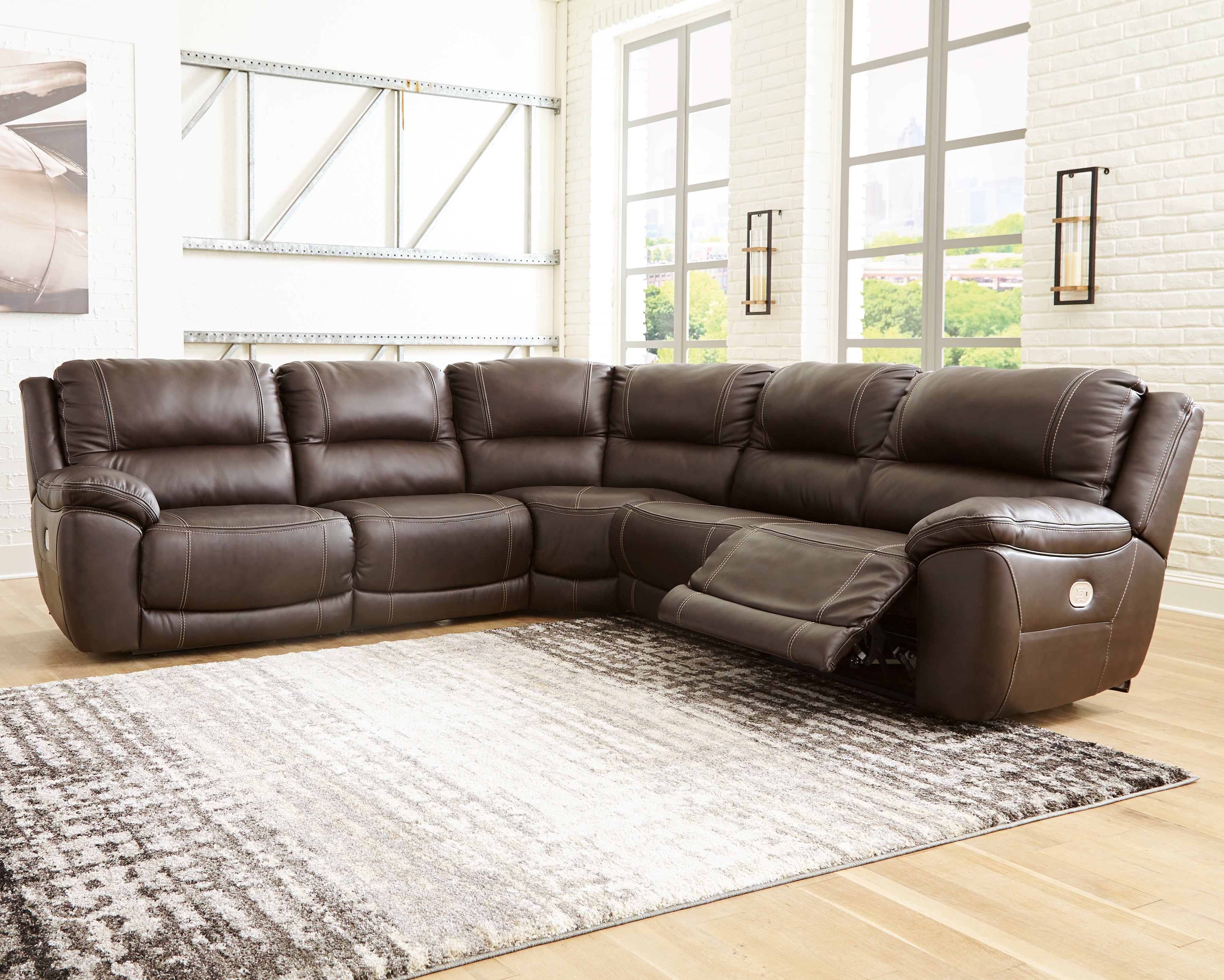 Hoover Furniture Outlet - Ashley Furniture - Dunleith 5-Piece Power Reclining Sectional - 5-Piece Power Reclining Sectional / Chocolate - U71604S1