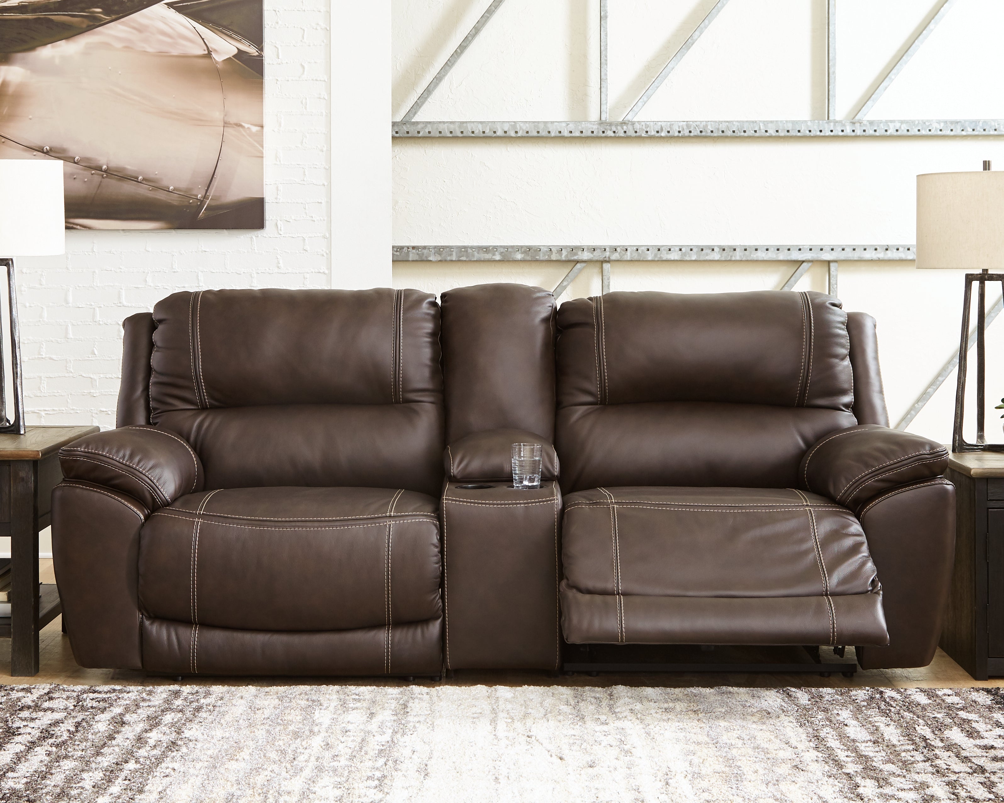 Hoover Furniture Outlet - Ashley Furniture - Dunleith 3-Piece Power Reclining Loveseat with Console - 3-Piece Power Reclining Loveseat with Console / Chocolate - U71604S4
