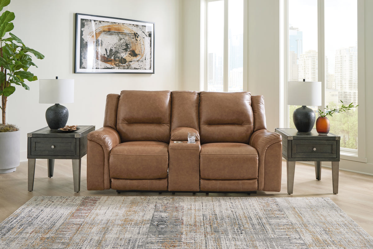 Hoover Furniture Outlet - Ashley Furniture - Trasimeno Power Reclining Loveseat with Console - PWR REC Loveseat/CON/ADJ HDRST / Caramel - U8281518