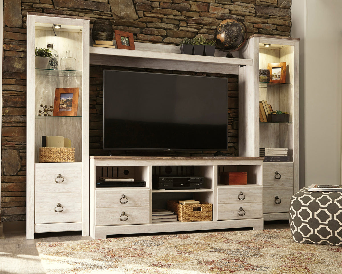 Hoover Furniture Outlet - Ashley Furniture - Willowton 4-Piece Entertainment Center - 4-Piece Entertainment Center / Whitewash - W267W3