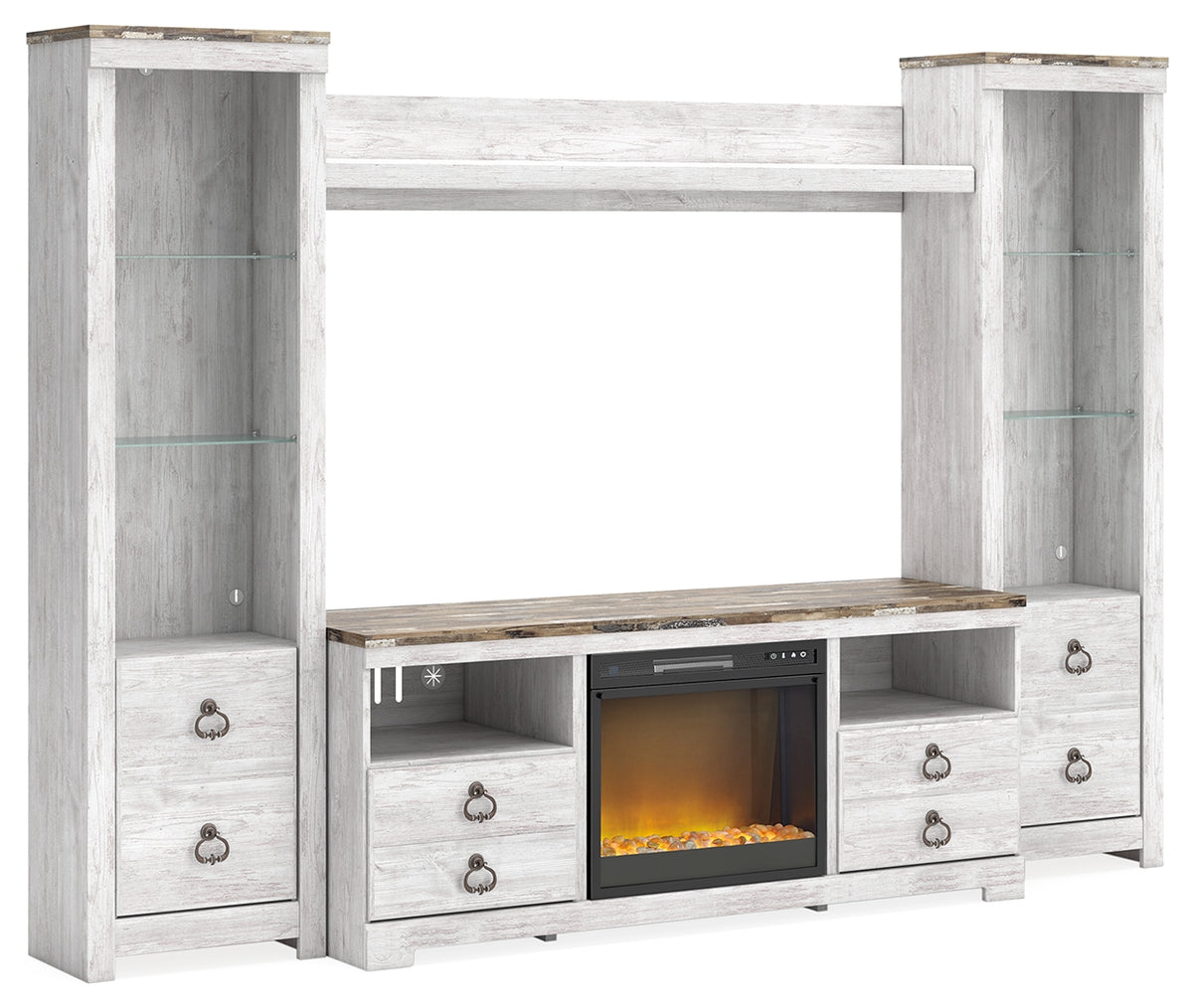 Hoover Furniture Outlet - Ashley Furniture - Willowton 4-Piece Entertainment Center with Electric Fireplace - 4-Piece Entertainment Center with Electric Fireplace / Whitewash - W267W4