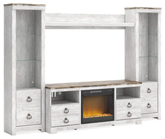 Hoover Furniture Outlet - Ashley Furniture - Willowton 4-Piece Entertainment Center with Electric Fireplace - 4-Piece Entertainment Center with Electric Fireplace / Whitewash - W267W4