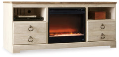 Hoover Furniture Outlet - Ashley Furniture - Willowton 64" TV Stand with Electric Fireplace - 64" TV Stand with Electric Fireplace / Whitewash - W267W10