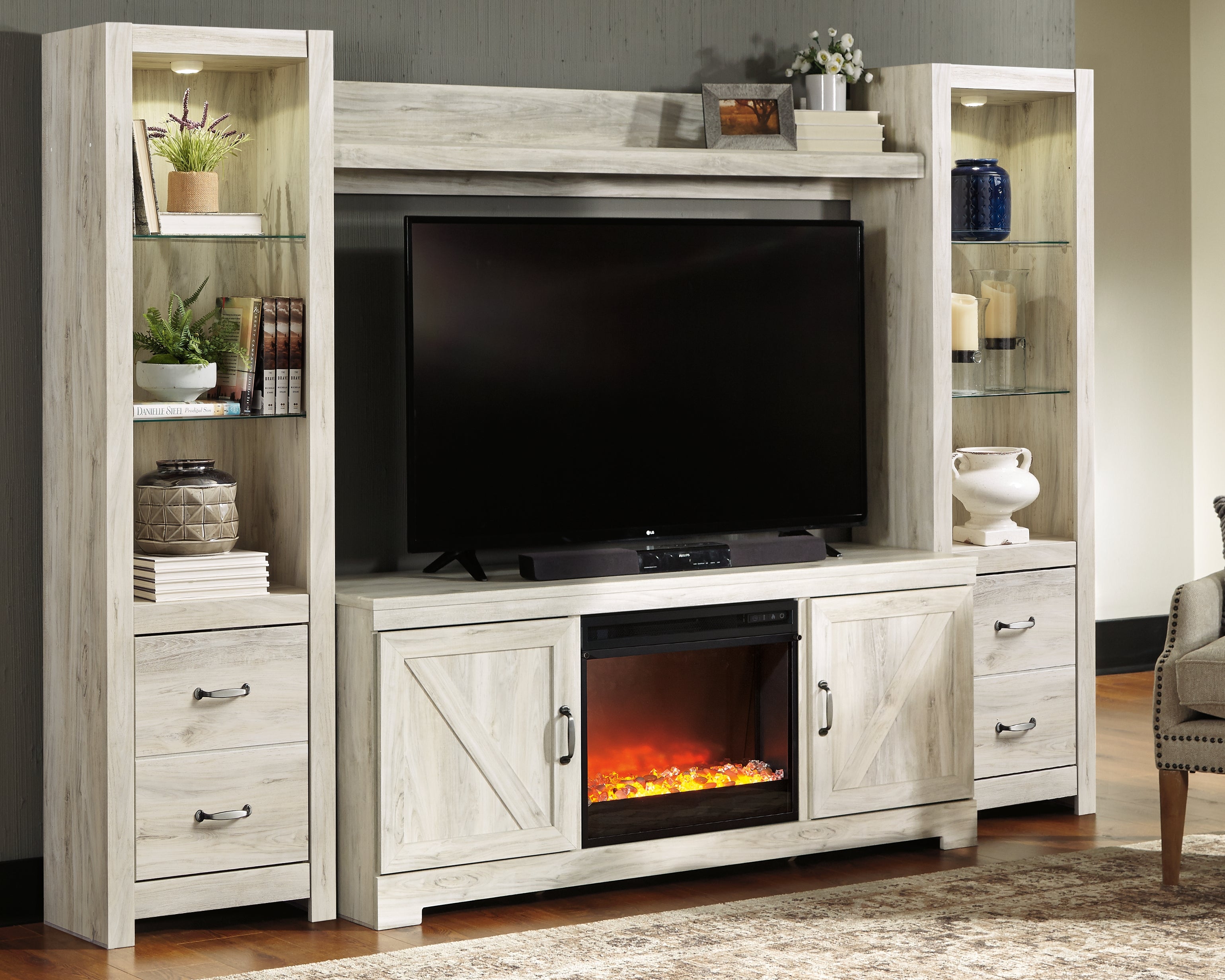 Hoover Furniture Outlet - Ashley Furniture - Bellaby 4-Piece Entertainment Center with Fireplace - 4-Piece Entertainment Center with Fireplace / Whitewash - W331W5
