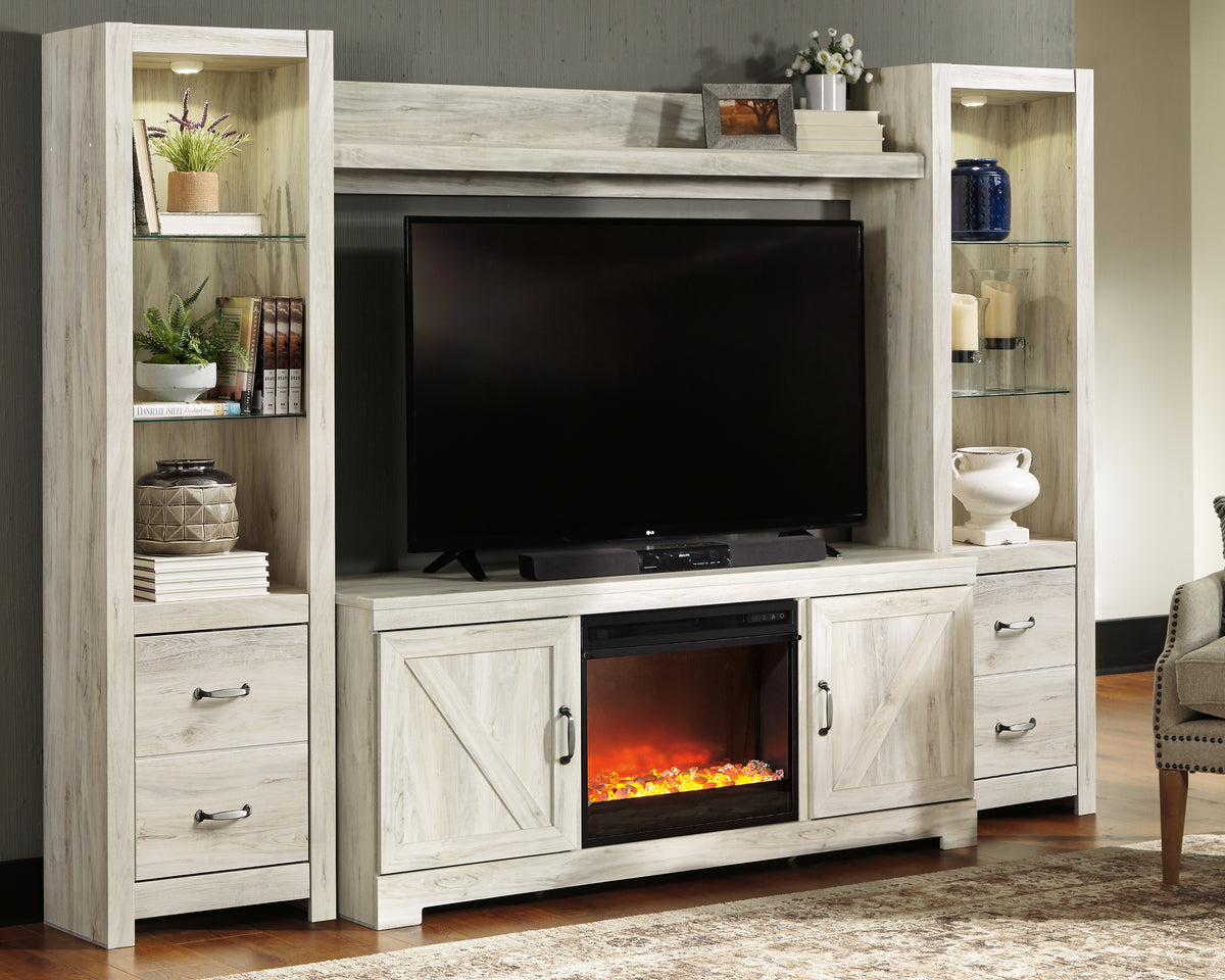 Hoover Furniture Outlet - Ashley Furniture - Bellaby 4-Piece Entertainment Center with Fireplace - 4-Piece Entertainment Center with Fireplace / Whitewash - W331W5