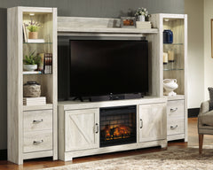 Hoover Furniture Outlet - Ashley Furniture - Bellaby 4-Piece Entertainment Center with Electric Fireplace - 4-Piece Entertainment Center with Electric Fireplace / Whitewash - W331W8