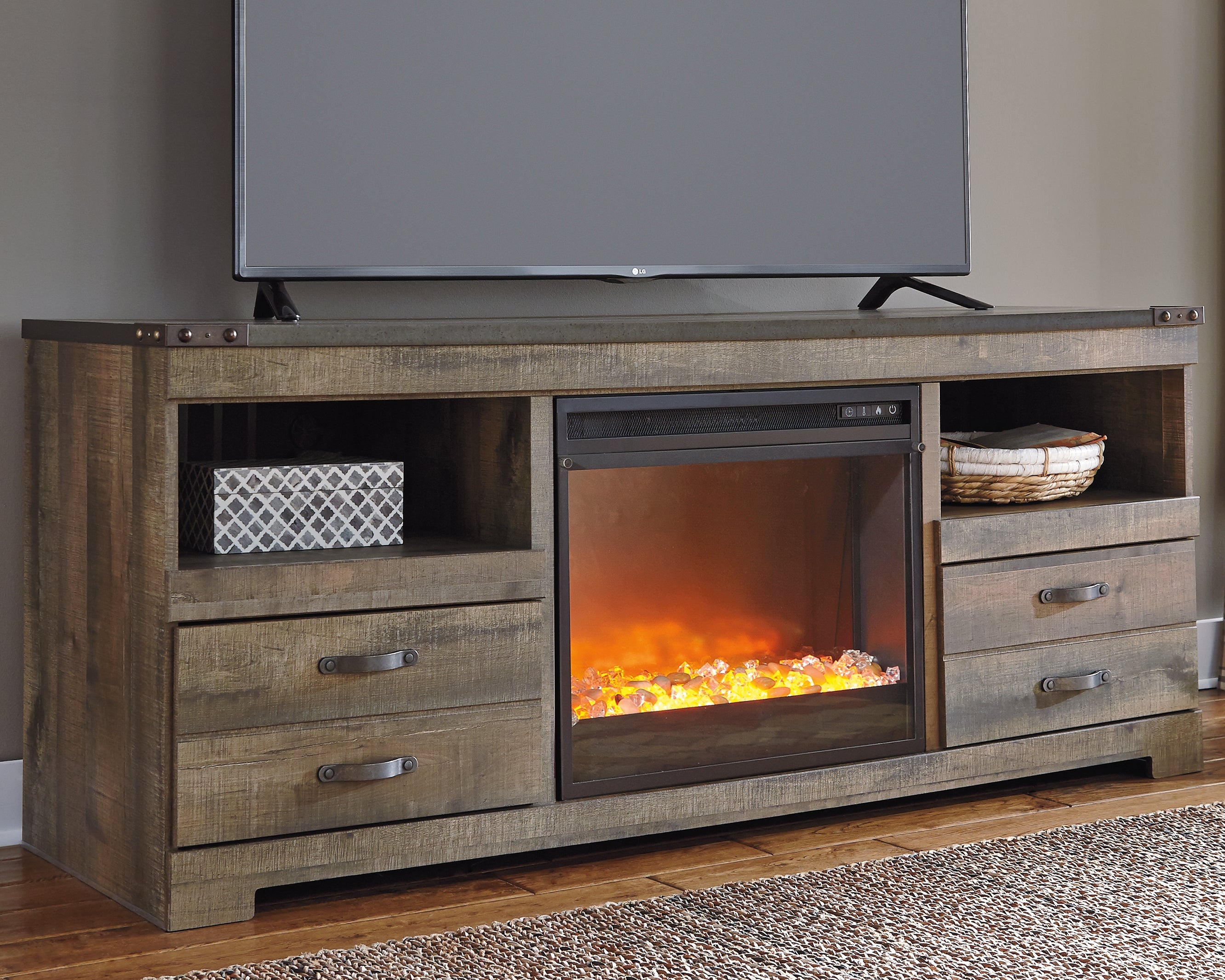 Hoover Furniture Outlet - Ashley Furniture - Trinell 63" TV Stand with Electric Fireplace - 63" TV Stand with Electric Fireplace / Brown - W446W5