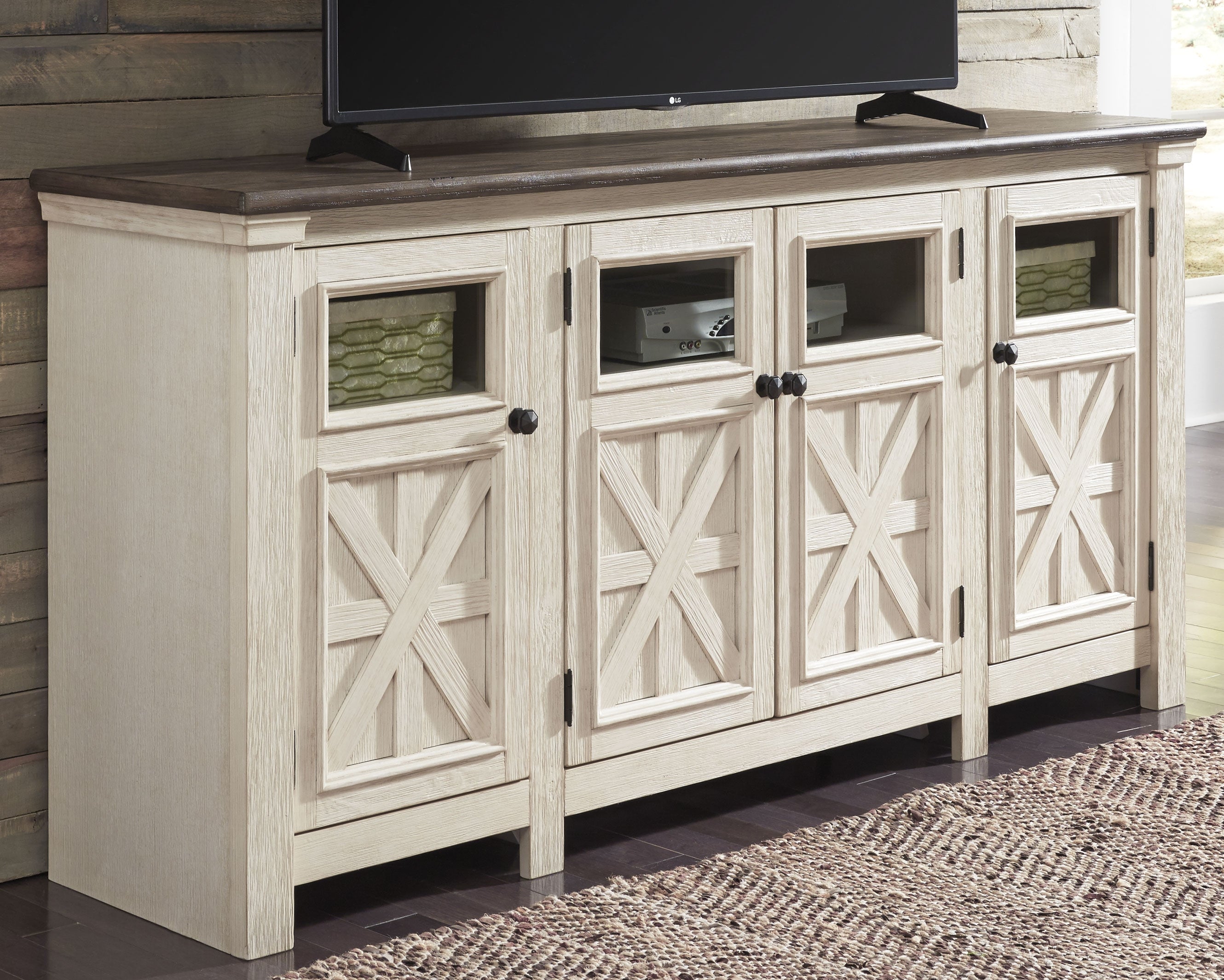 Hoover Furniture Outlet - Ashley Furniture - Bolanburg 74" TV Stand - 74" / White/Weathered Gray - W647-60
