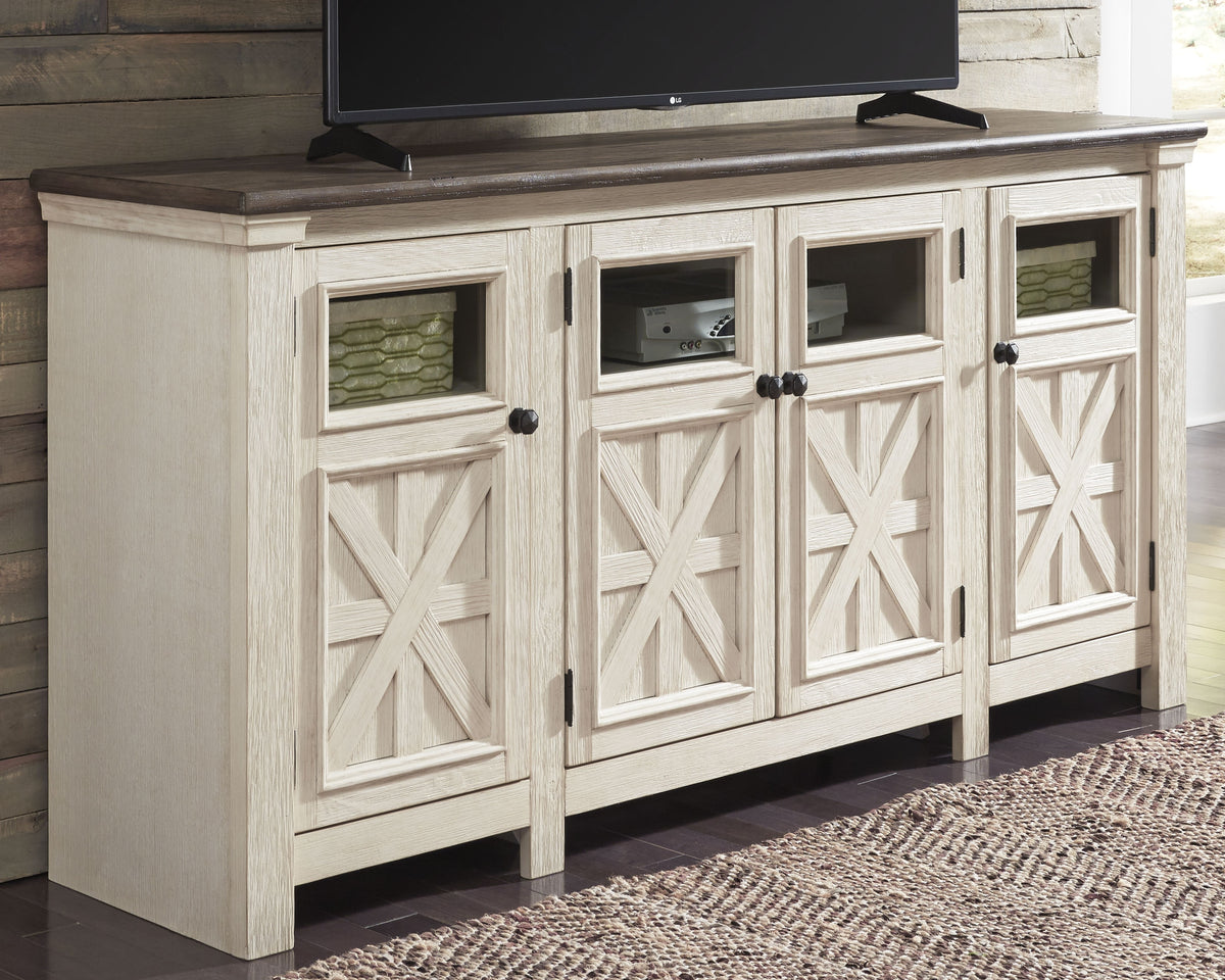 Hoover Furniture Outlet - Ashley Furniture - Bolanburg 74" TV Stand - 74" / White/Weathered Gray - W647-60