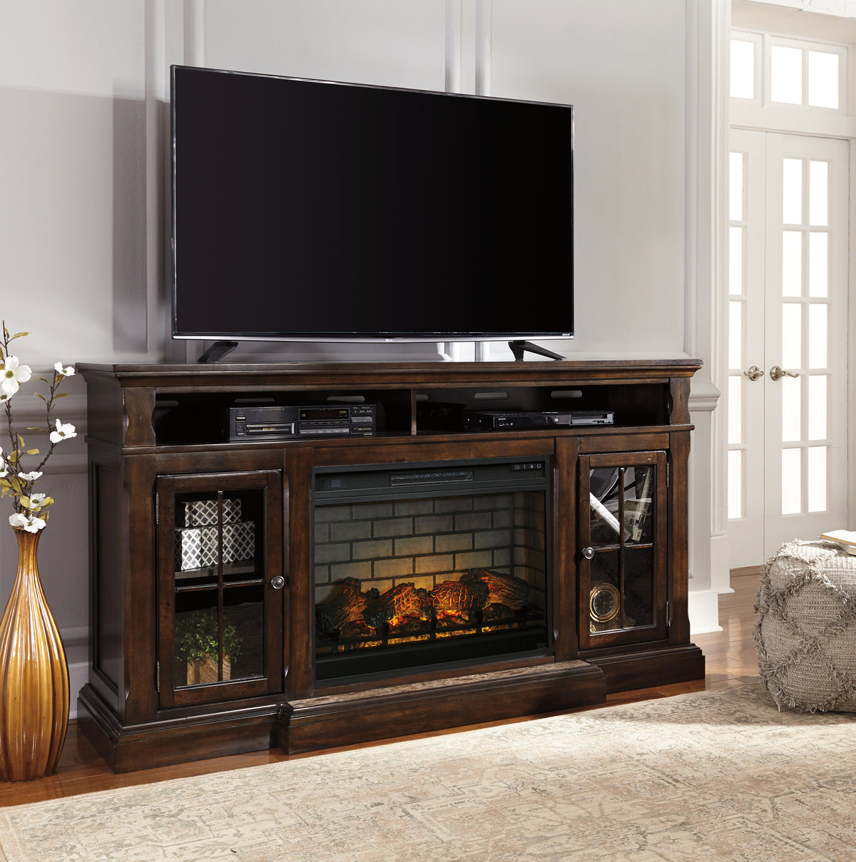 Hoover Furniture Outlet - Ashley Furniture - Roddinton 72" TV Stand with Electric Fireplace - 72" TV Stand with Electric Fireplace / Dark Brown - W701W8