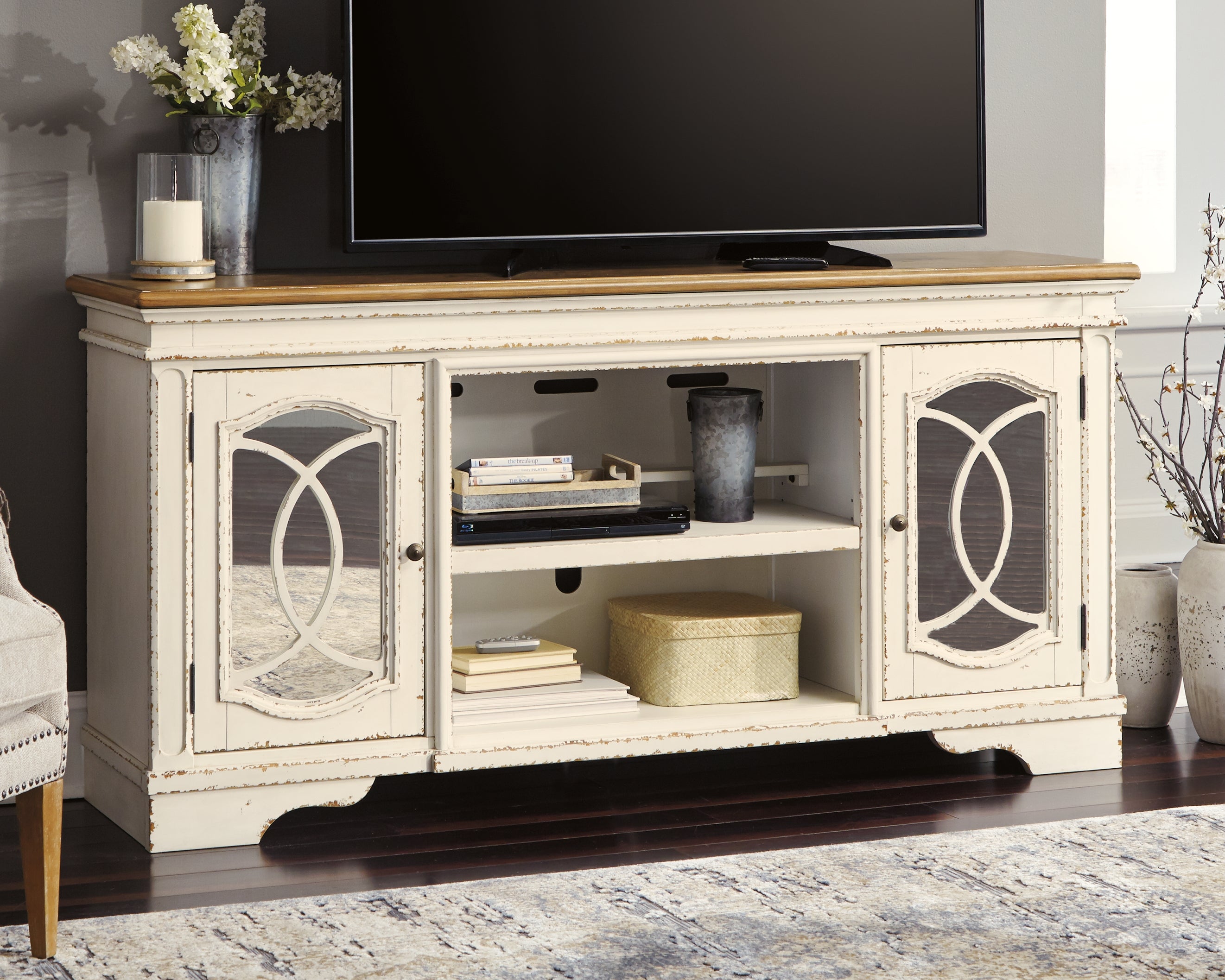 Hoover Furniture Outlet - Ashley Furniture - Realyn 74" TV Stand - 74" / Chipped White - W743-68