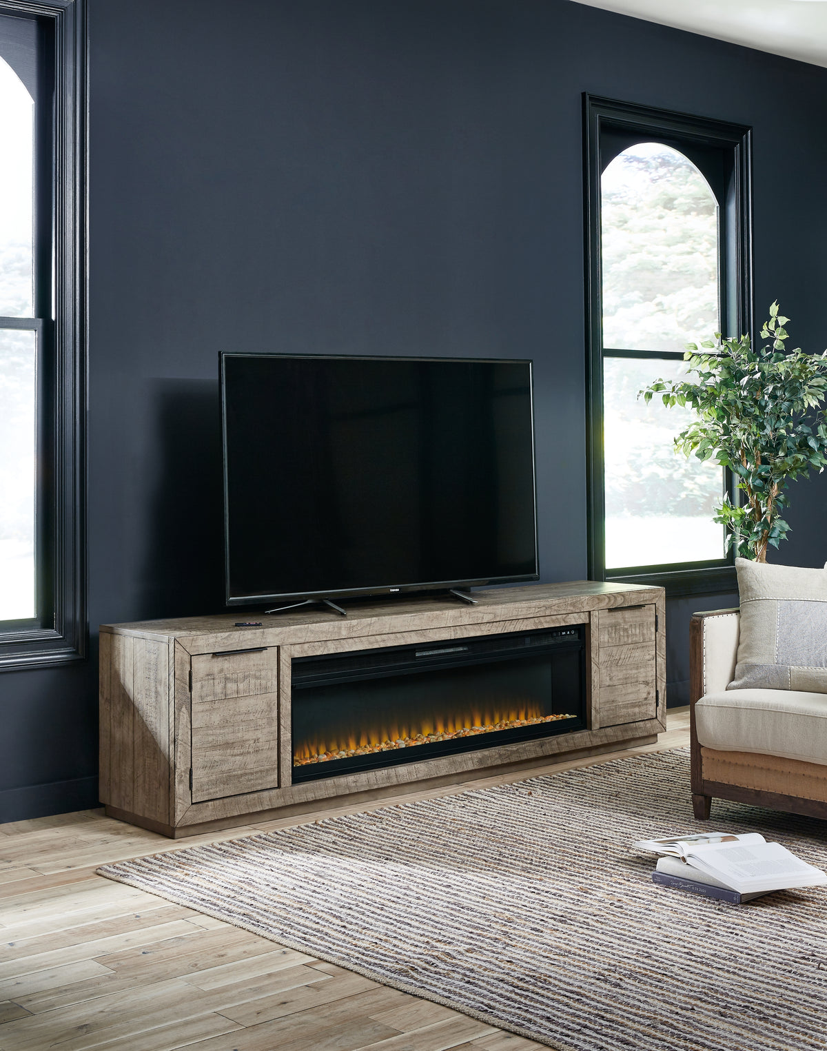 Hoover Furniture Outlet - Ashley Furniture - Krystanza TV Stand with Electric Fireplace - TV Stand with Electric Fireplace / Weathered Gray - W760W1