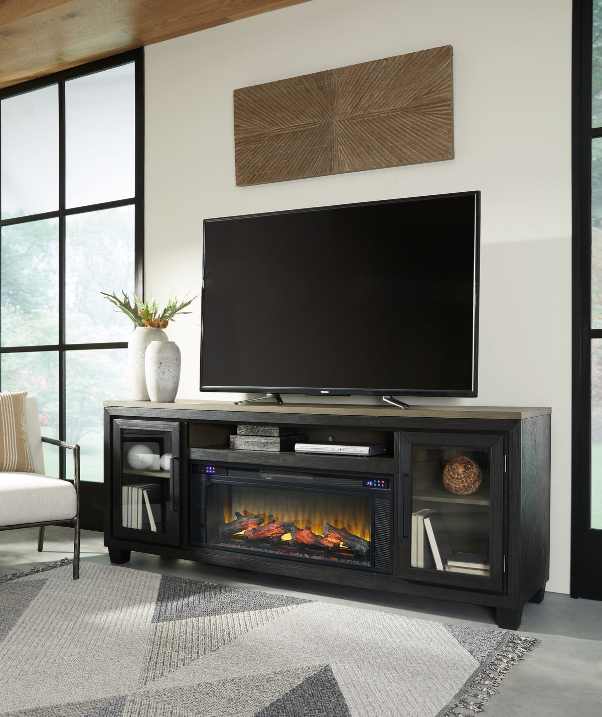 Hoover Furniture Outlet - Ashley Furniture - Foyland 83" TV Stand with Electric Fireplace - 83" TV Stand with Electric Fireplace / Black/Brown - W989W1